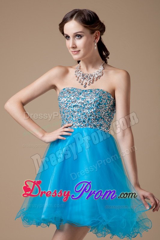 Mini-length Teal A-line Strapless Organza Prom Gown with Beads